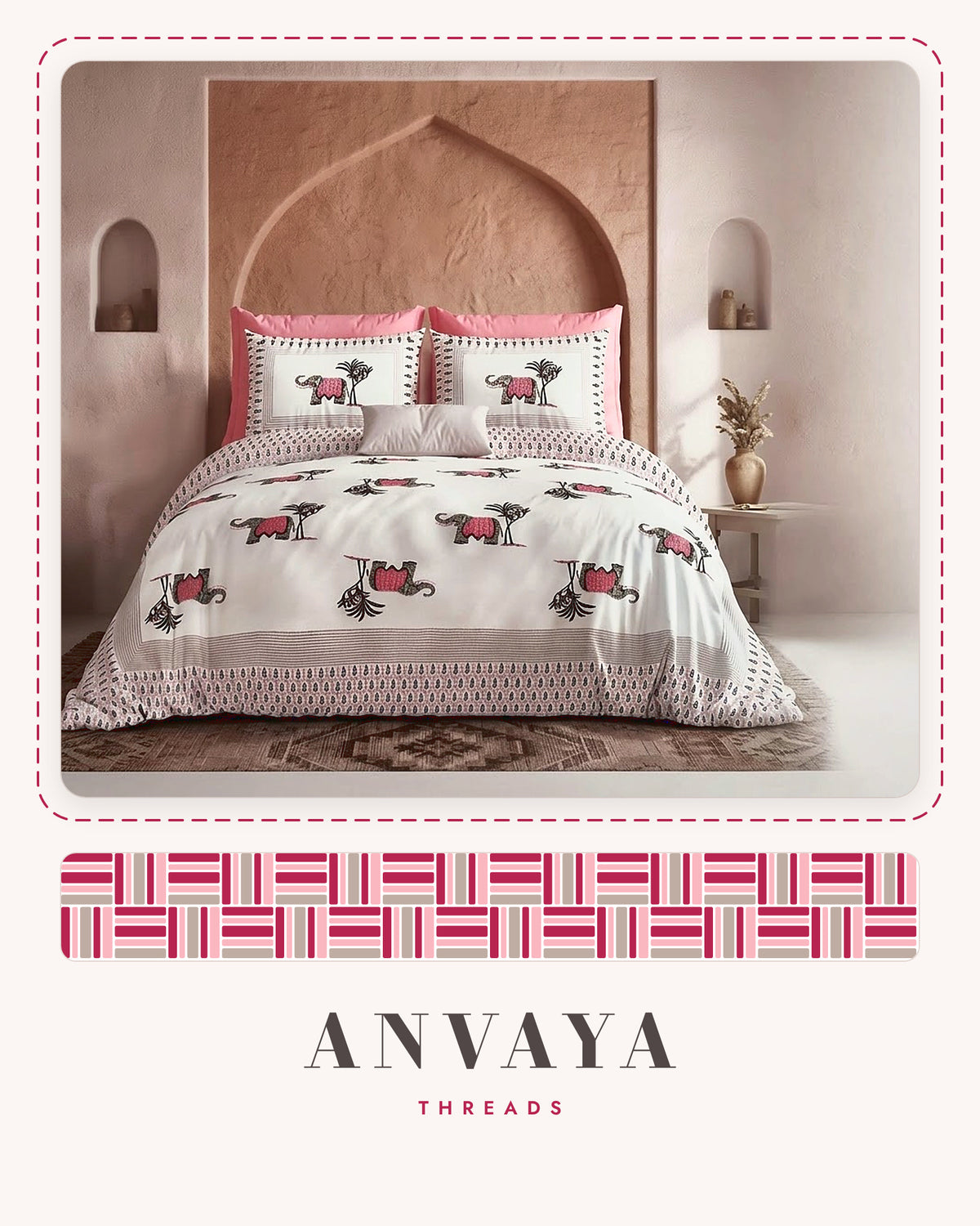 Hathi Sawari Gulab bedsheet set, a flat sheet and two pillow covers, on a bed
