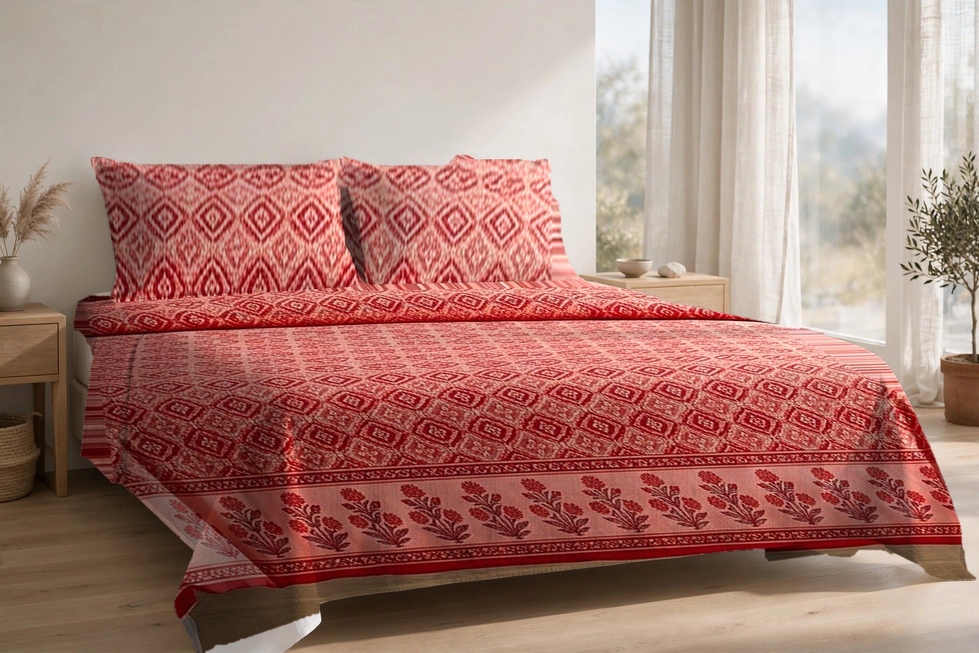 Kinari Booti Sindoor cotton bedsheet on a made king bed, with matching pillow covers