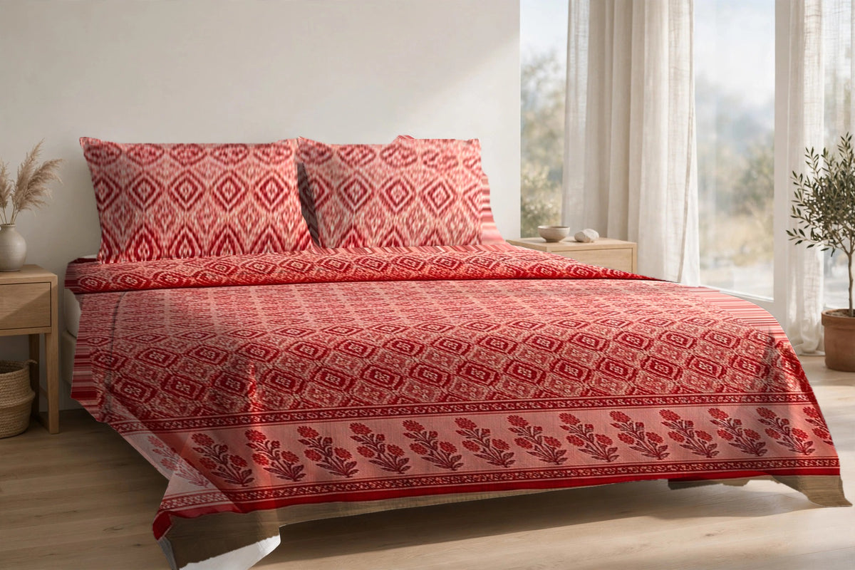 Kinari Booti Sindoor cotton bedsheet on a made king bed, with matching pillow covers