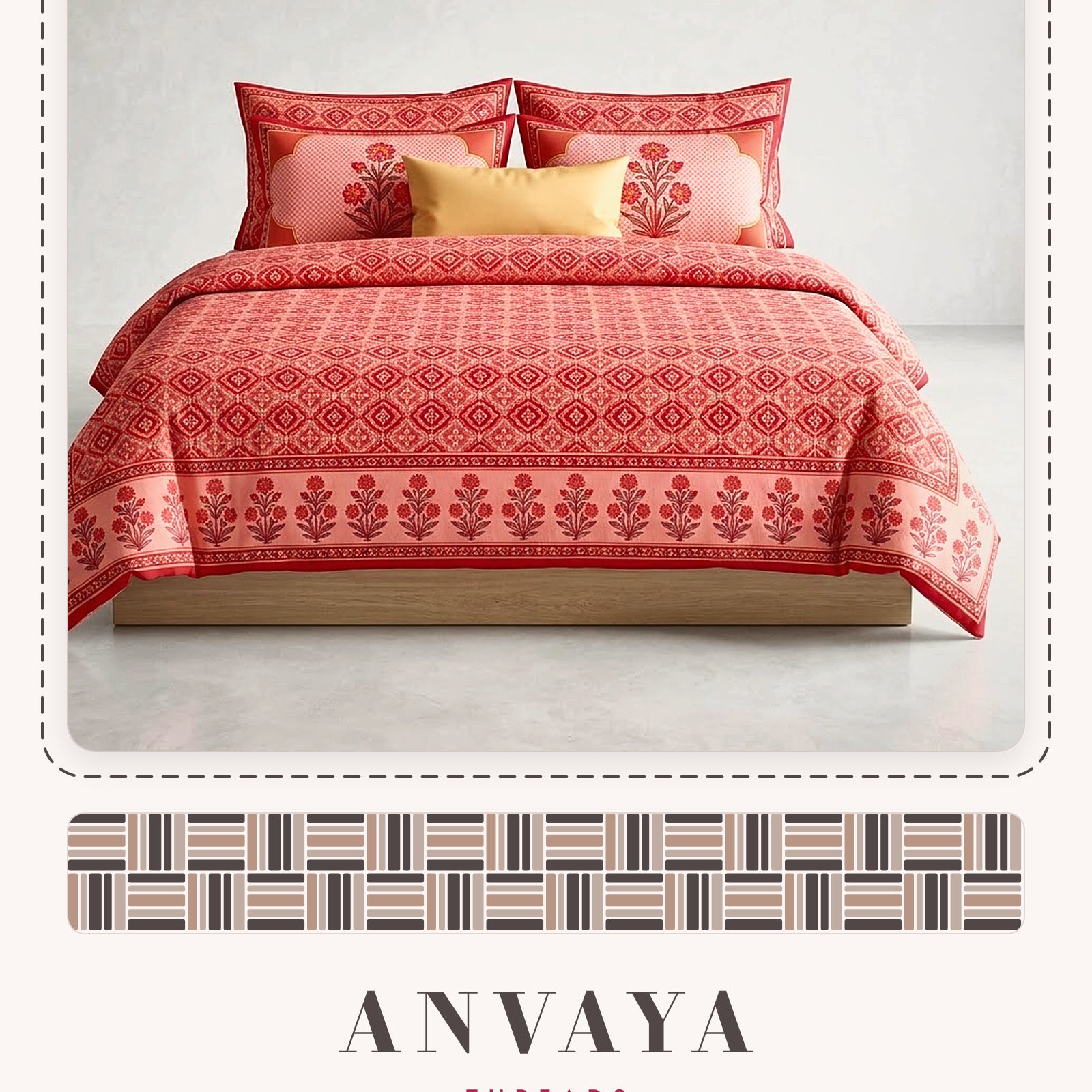 Kinari Booti Sindoor bedsheet set, a flat sheet and two pillow covers, on a bed