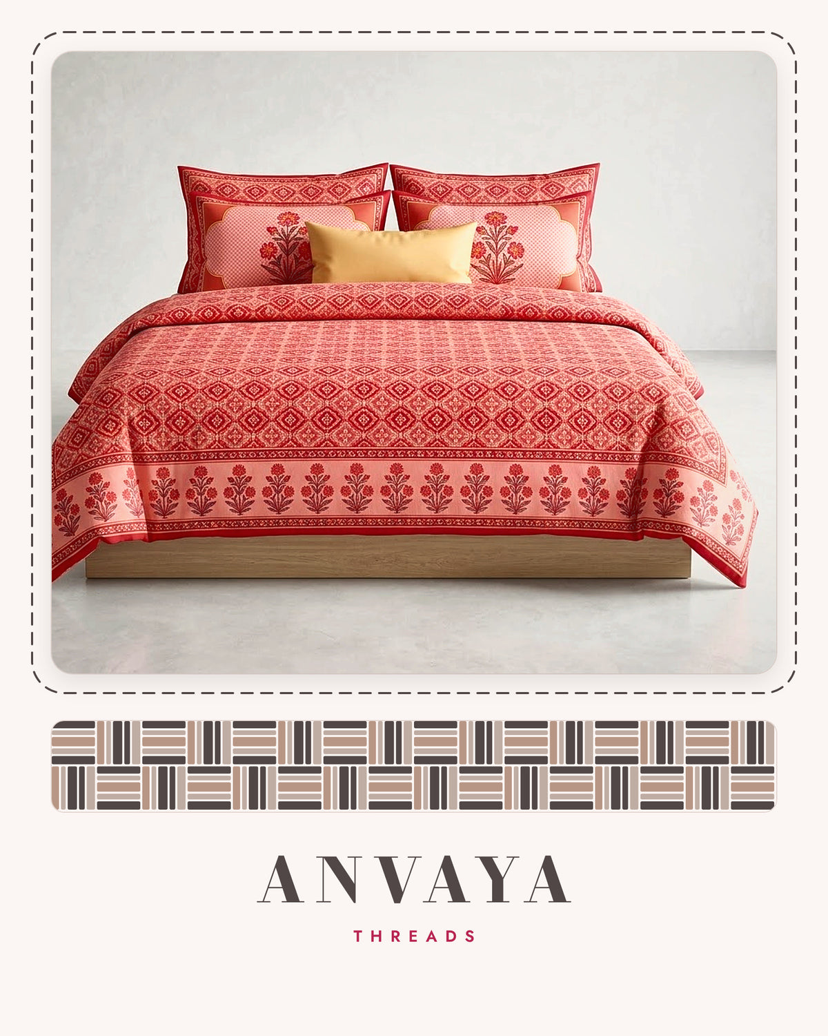Kinari Booti Sindoor bedsheet set, a flat sheet and two pillow covers, on a bed