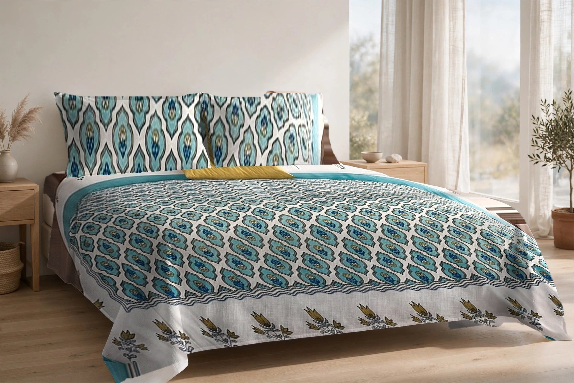 Pankh Jaal Firoza cotton bedsheet on a made king bed, with matching pillow covers