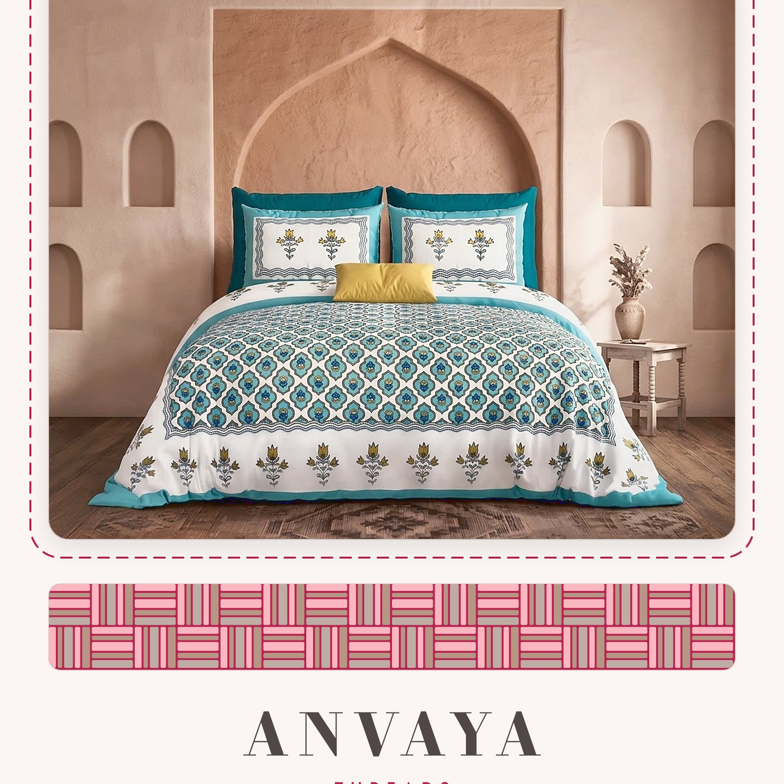 Pankh Jaal Firoza bedsheet set, a flat sheet and two pillow covers, on a bed