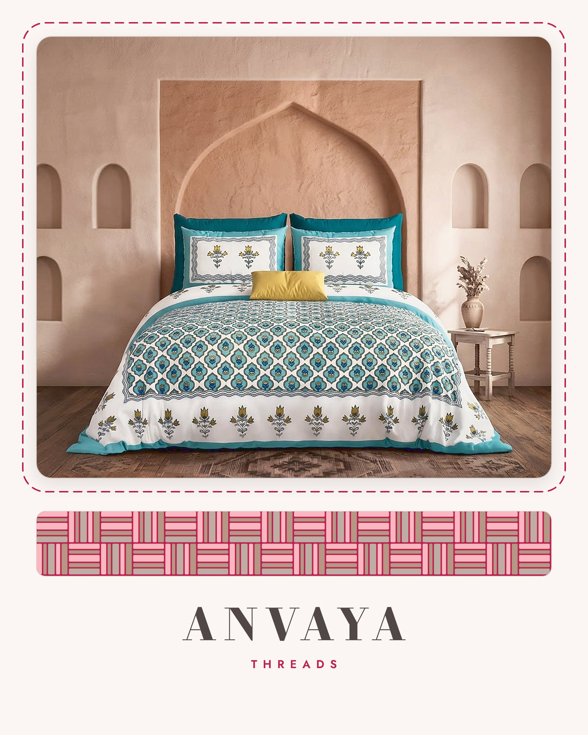 Pankh Jaal Firoza bedsheet set, a flat sheet and two pillow covers, on a bed