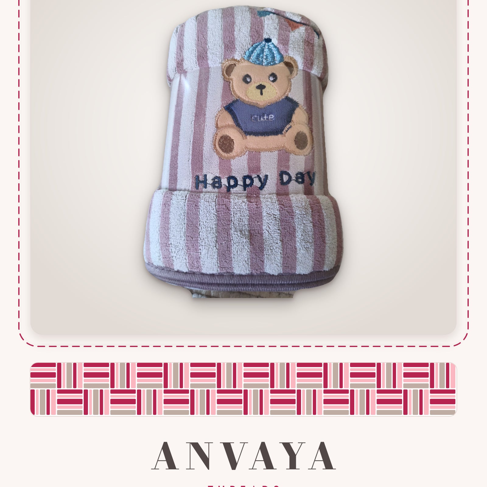 Blush Stripe Teddy kids' hand towel, rolled in a clear wrap with a teddy bear patch