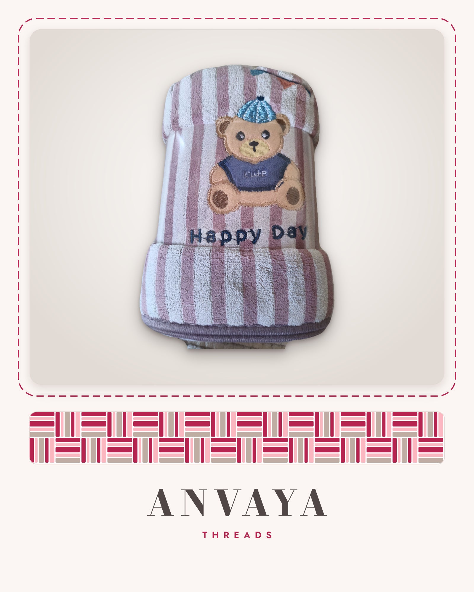 Blush Stripe Teddy kids' hand towel, rolled in a clear wrap with a teddy bear patch