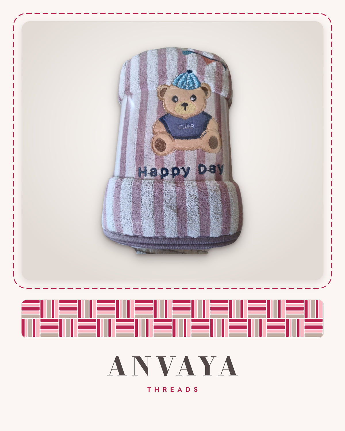 Blush Stripe Teddy kids' hand towel, rolled in a clear wrap with a teddy bear patch