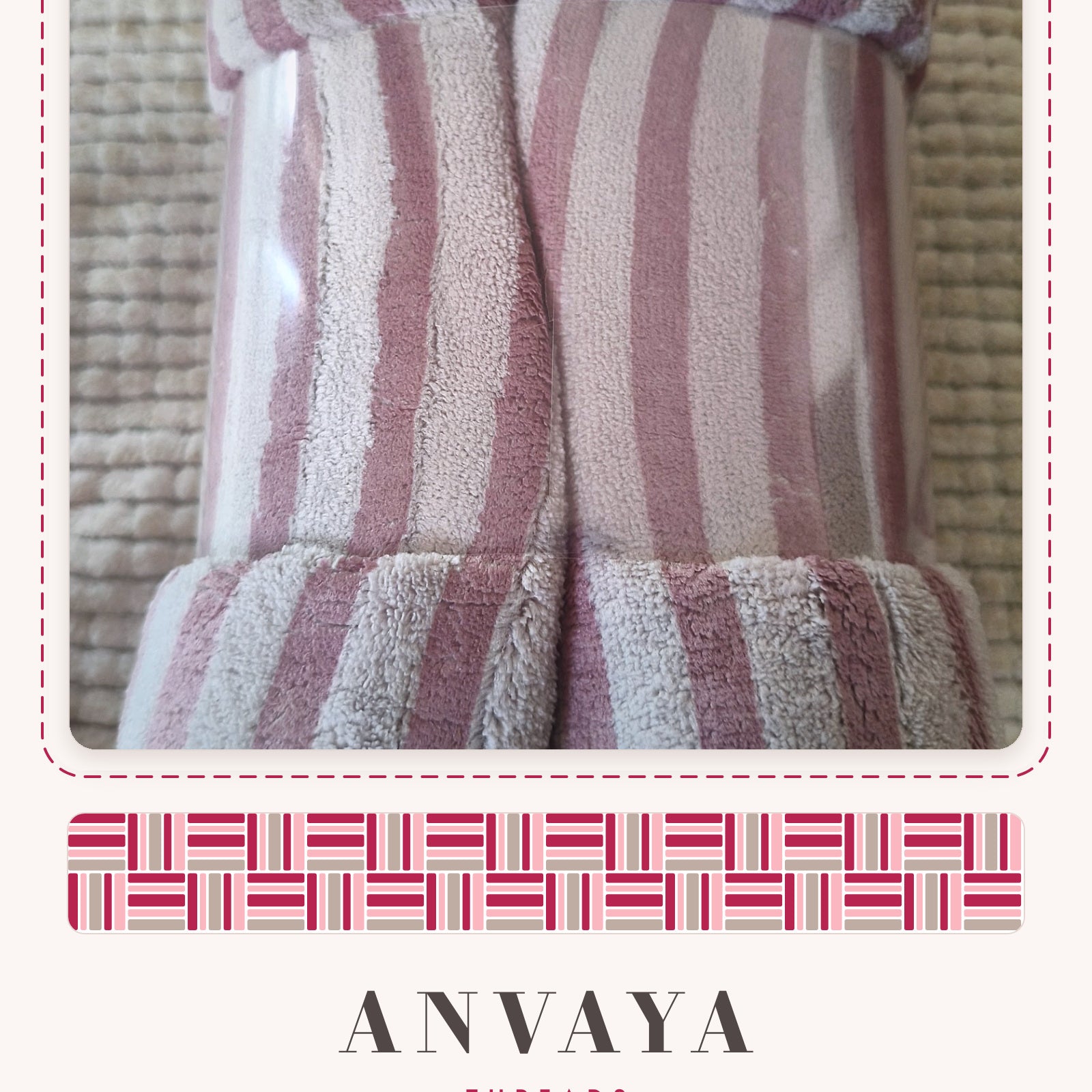 Blush Stripe Teddy kids' hand towel folded, showing the stripes