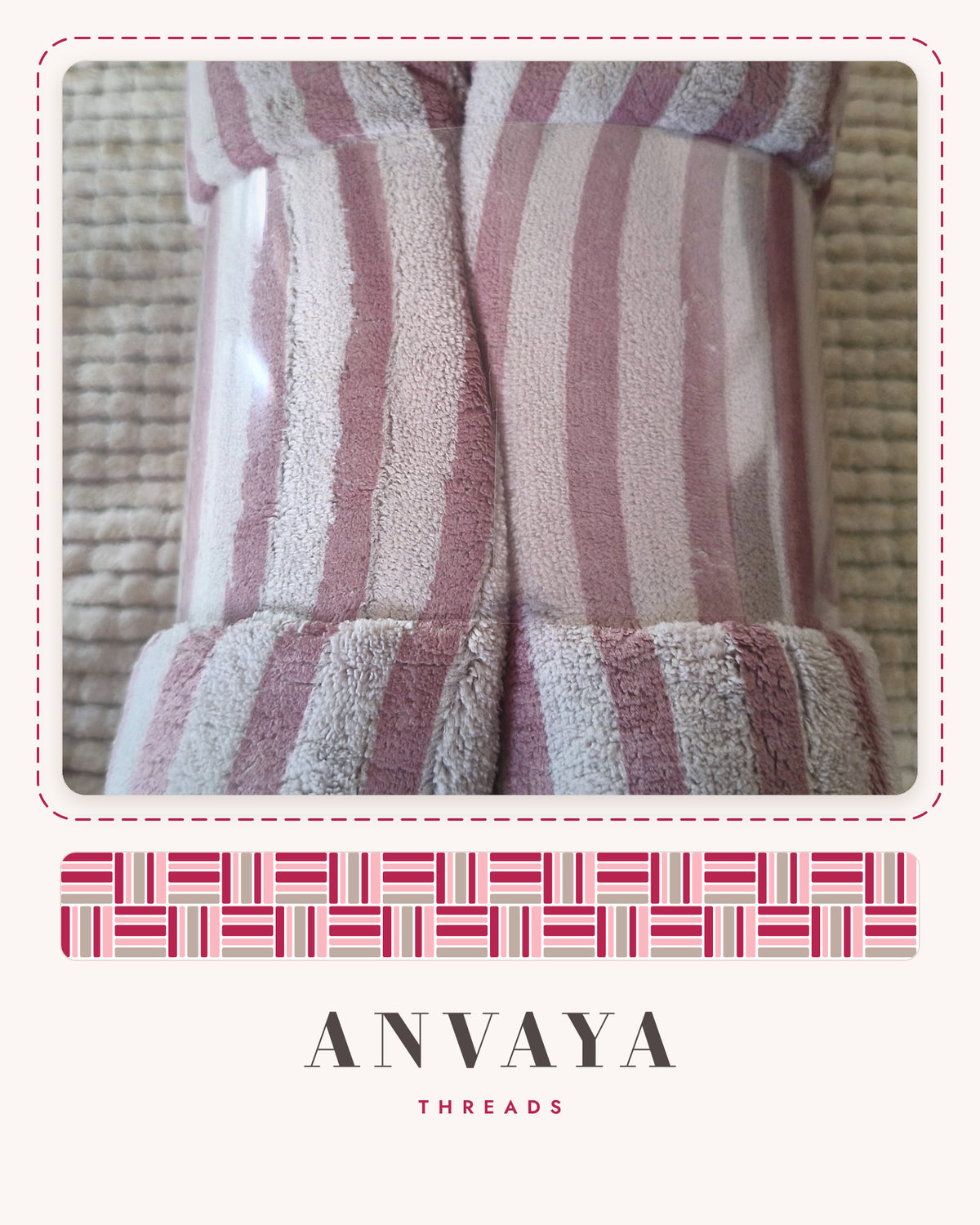 Blush Stripe Teddy kids' hand towel folded, showing the stripes