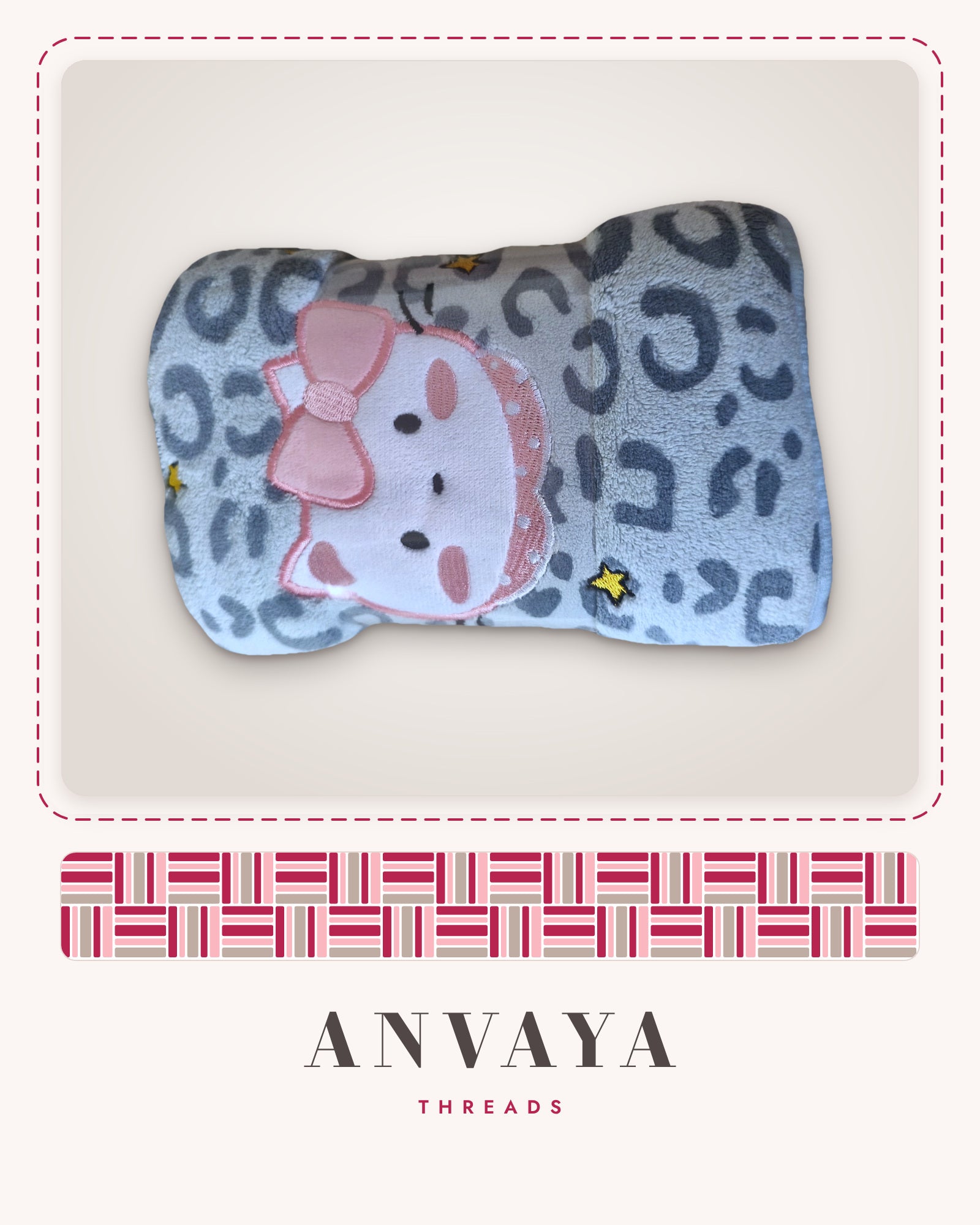 Pearl Grey Leopard Kitty kids' hand towel, rolled in a clear wrap with a kitty patch