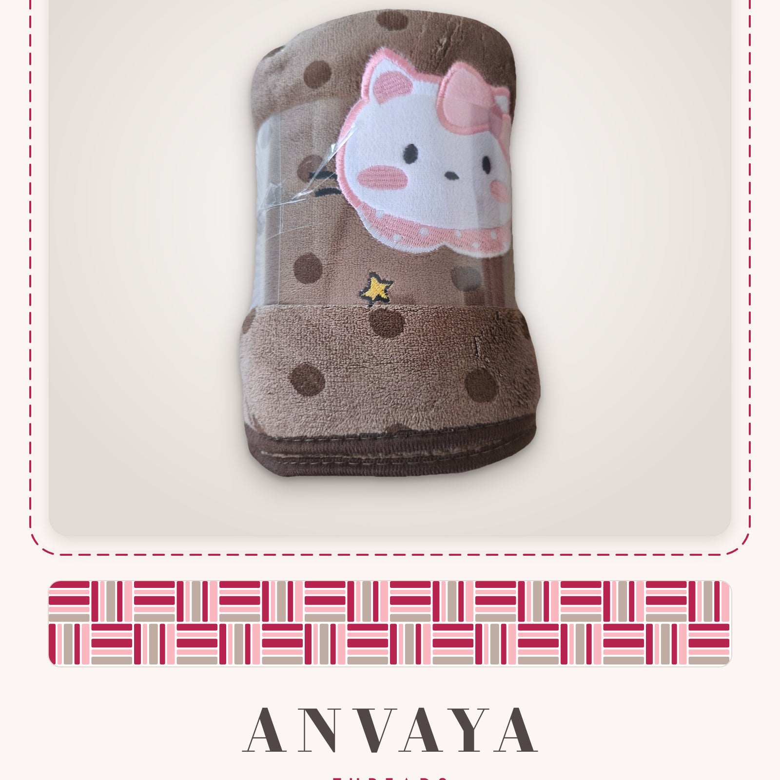 Mocha Polka Kitty kids' hand towel, rolled in a clear wrap with a kitty patch