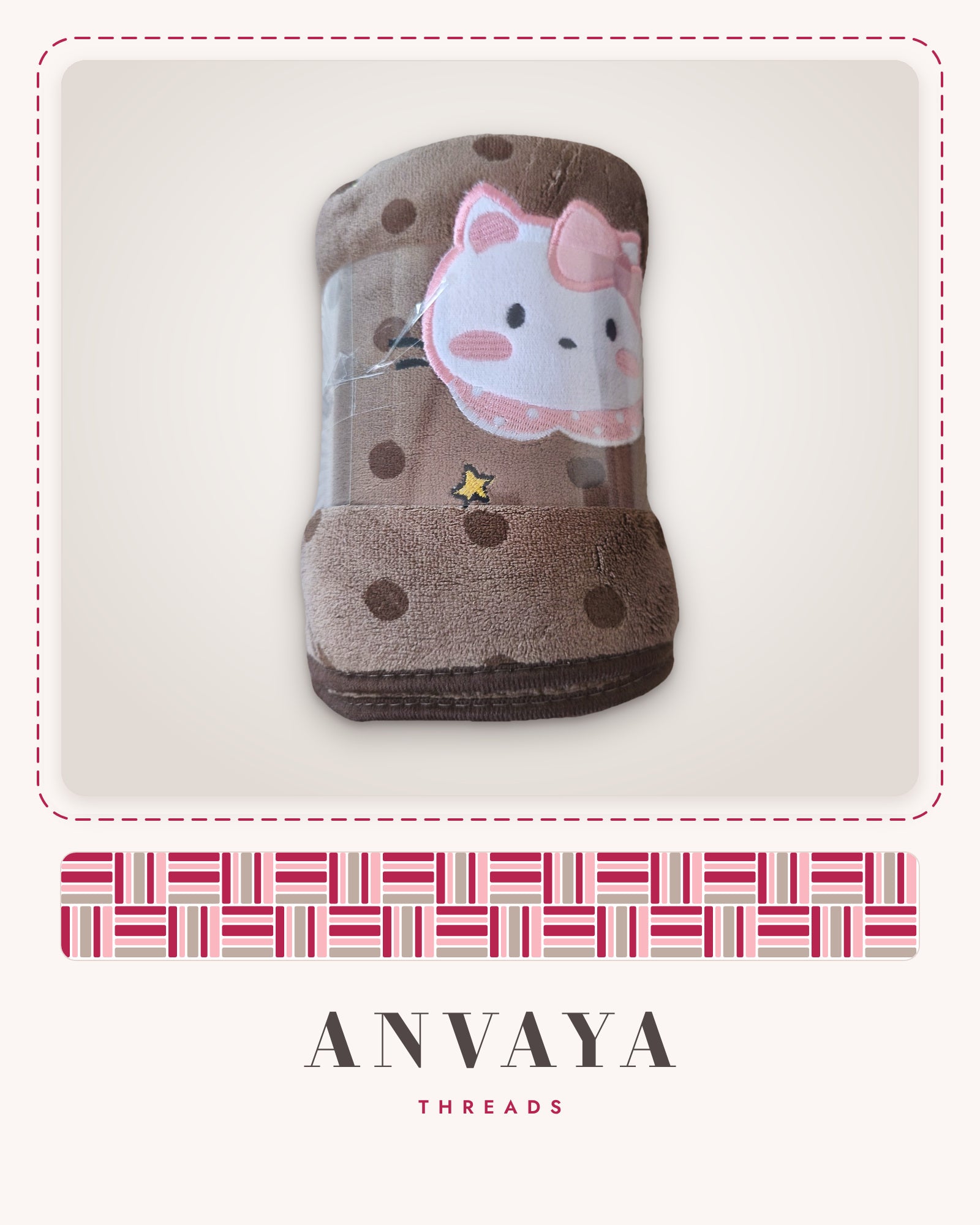 Mocha Polka Kitty kids' hand towel, rolled in a clear wrap with a kitty patch