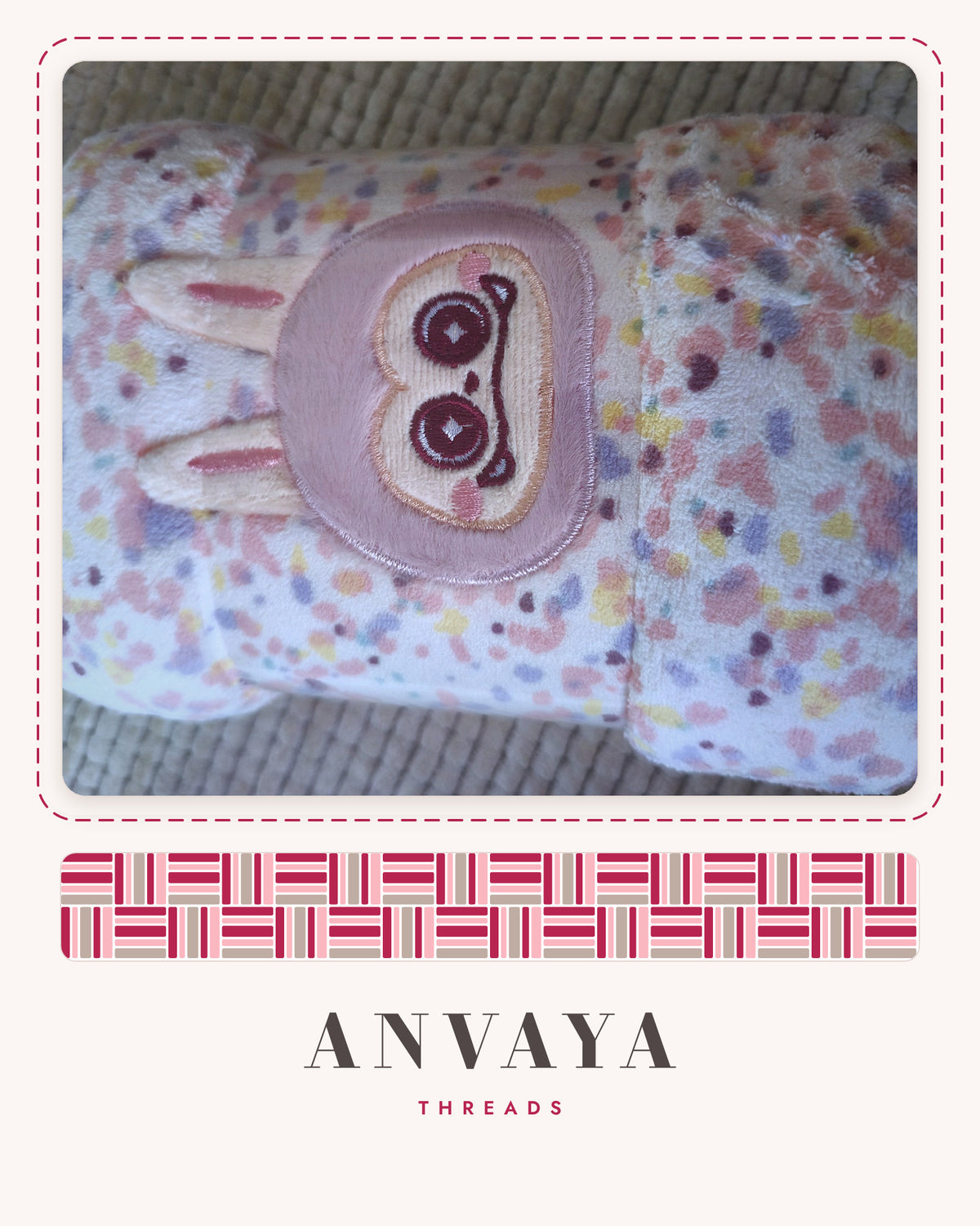 Confetti Pastel Bunny kids' hand towel, rolled in a clear wrap with a bunny patch