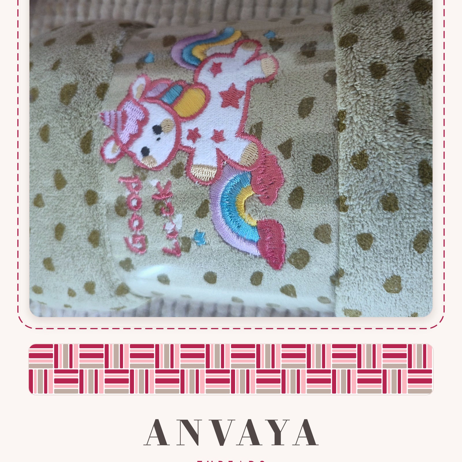 Khaki Heart-Spot Unicorn kids' hand towel, rolled in a clear wrap with a unicorn patch