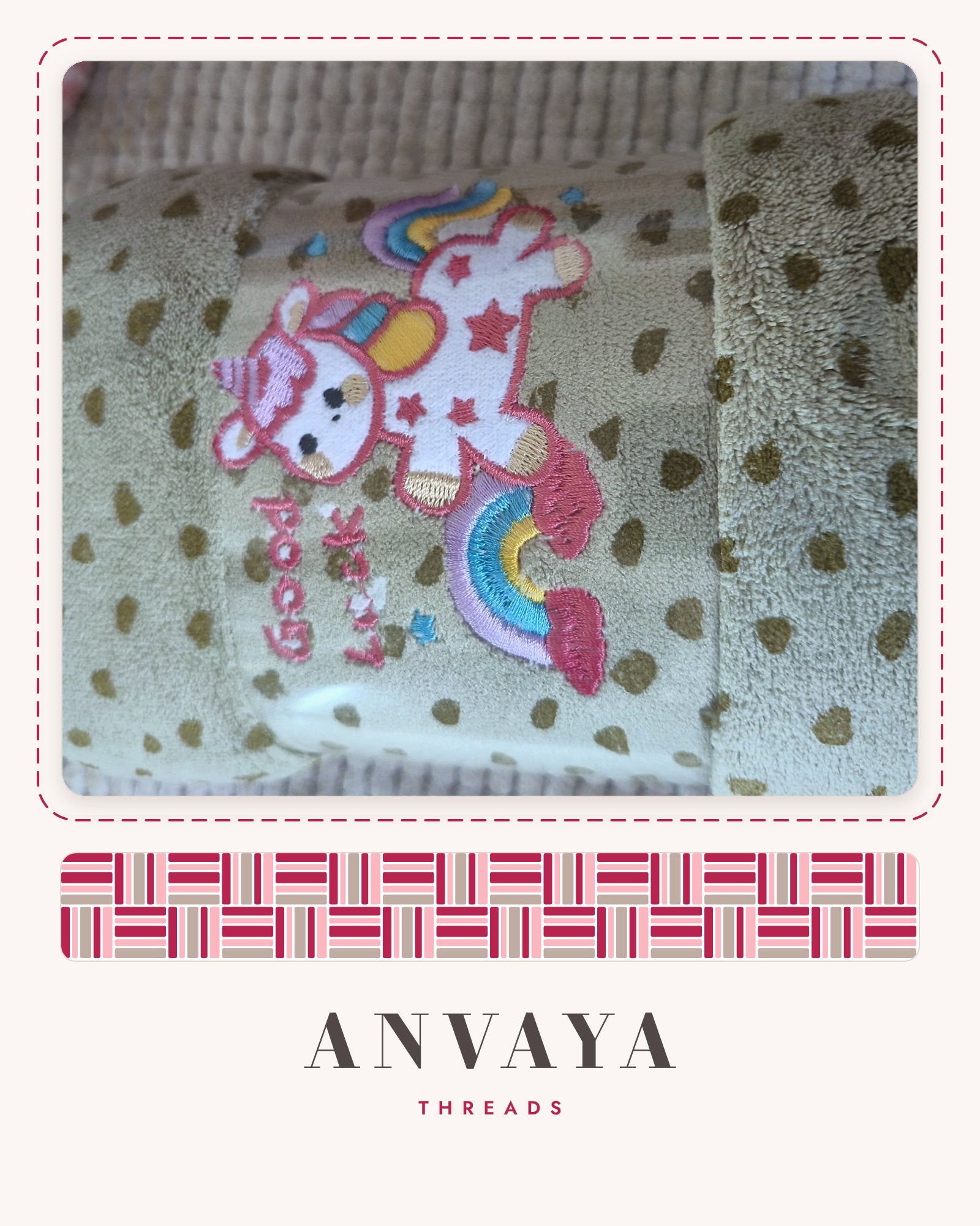Khaki Heart-Spot Unicorn kids' hand towel, rolled in a clear wrap with a unicorn patch