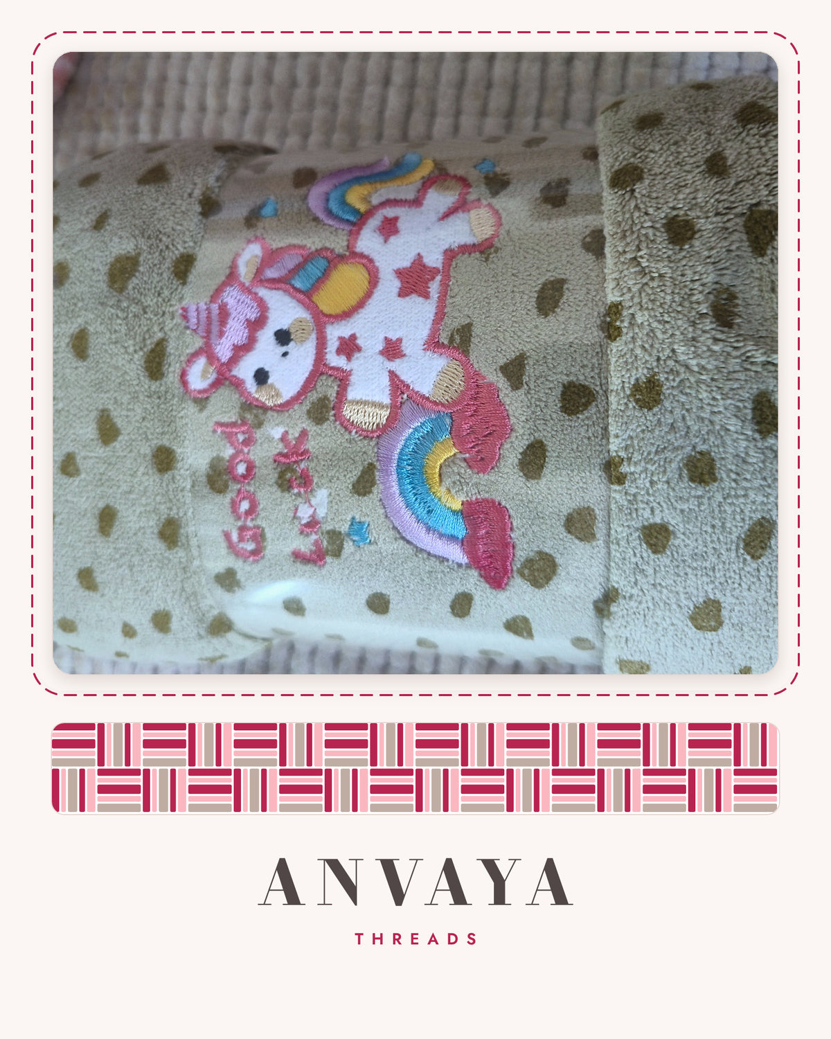 Khaki Heart-Spot Unicorn kids' hand towel, rolled in a clear wrap with a unicorn patch