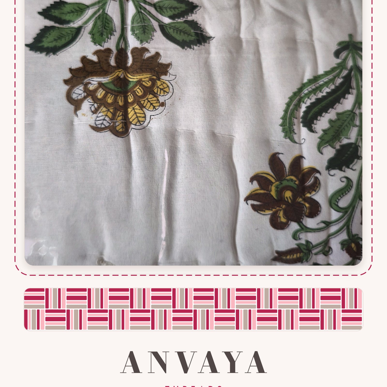 Close-up of the Botanical Block Print comforter: green and mustard flowers on white