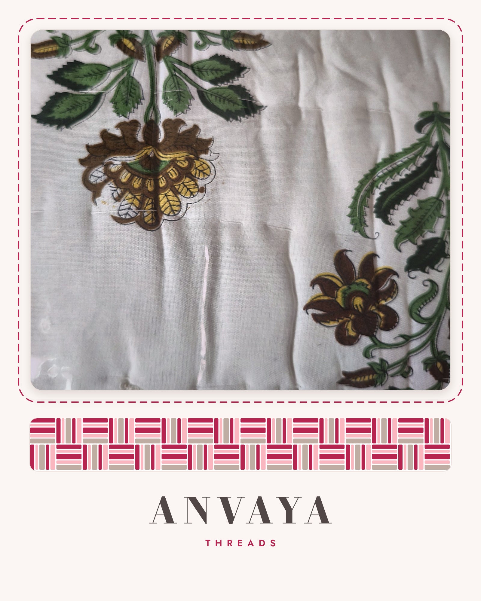 Close-up of the Botanical Block Print comforter: green and mustard flowers on white