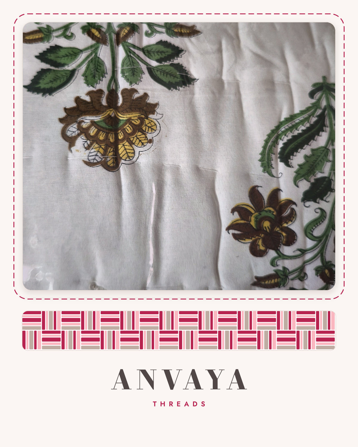 Close-up of the Botanical Block Print comforter: green and mustard flowers on white