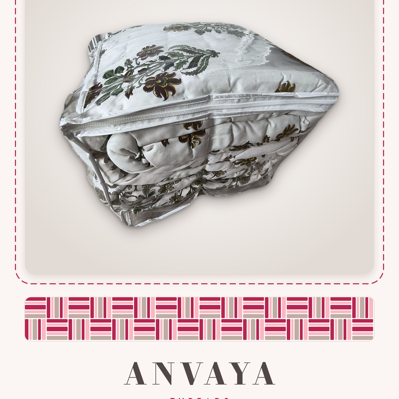 Botanical Block Print comforter folded in its clear zip bag
