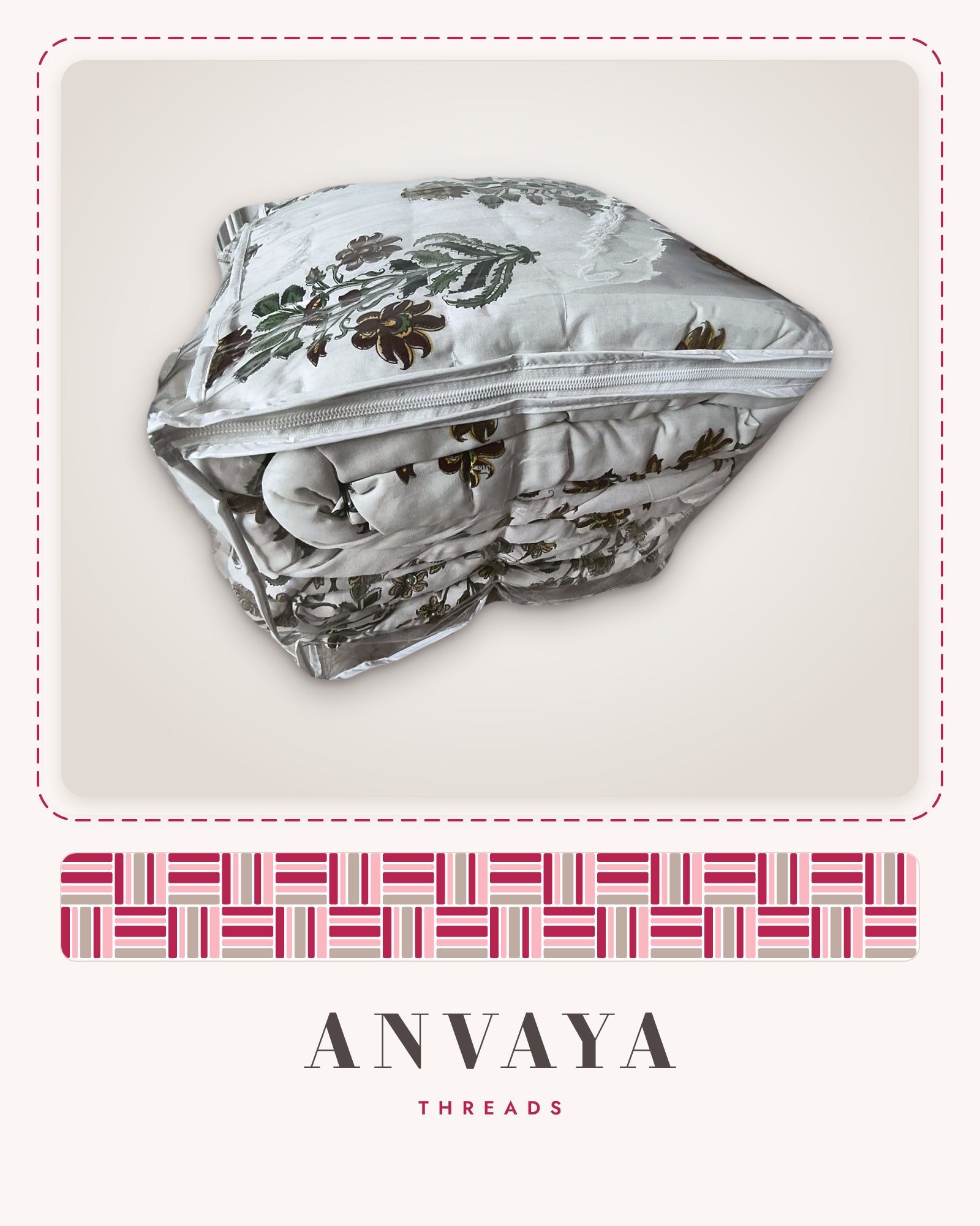 Botanical Block Print comforter folded in its clear zip bag