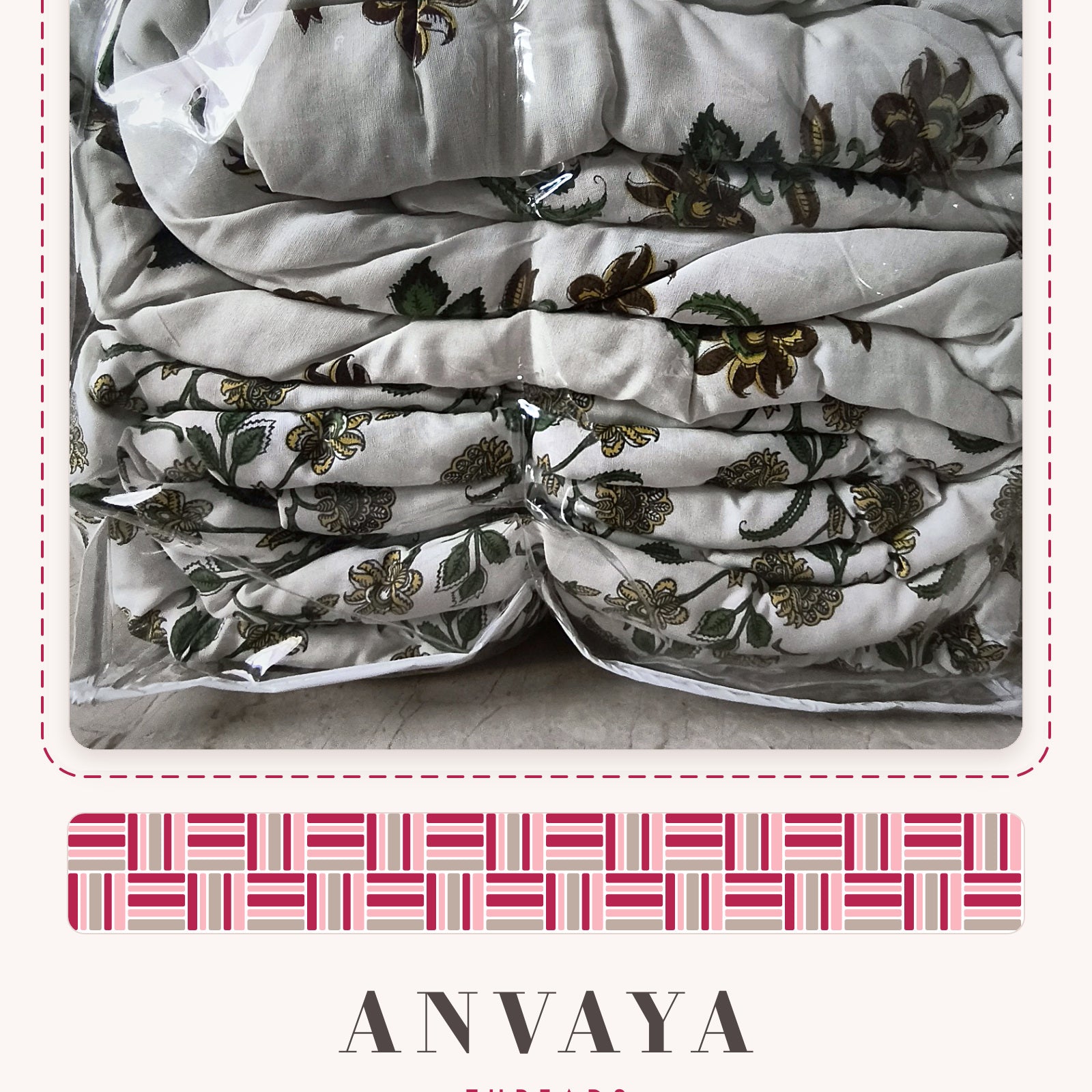 Botanical Block Print comforter folded in its bag, showing the quilted cotton