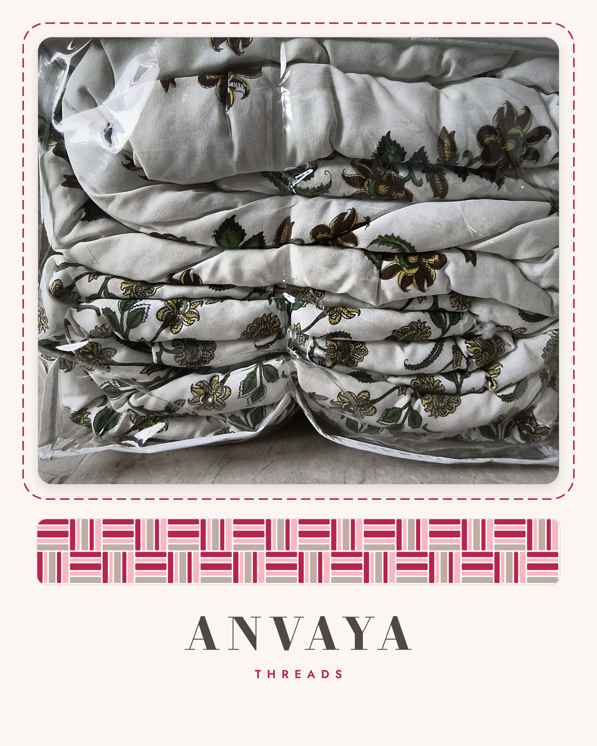 Botanical Block Print comforter folded in its bag, showing the quilted cotton