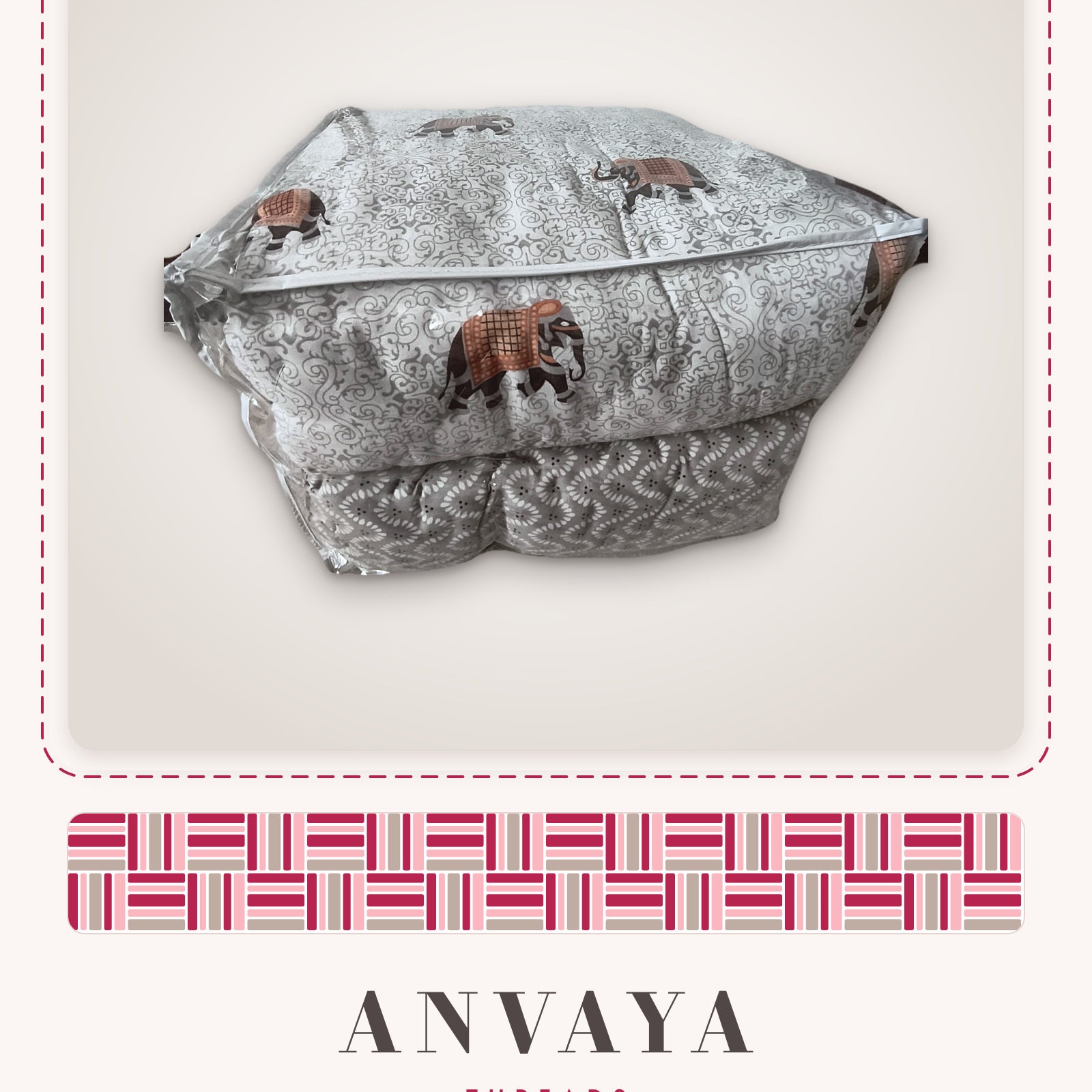 Elephant Jaal Grey comforter folded in its clear zip bag