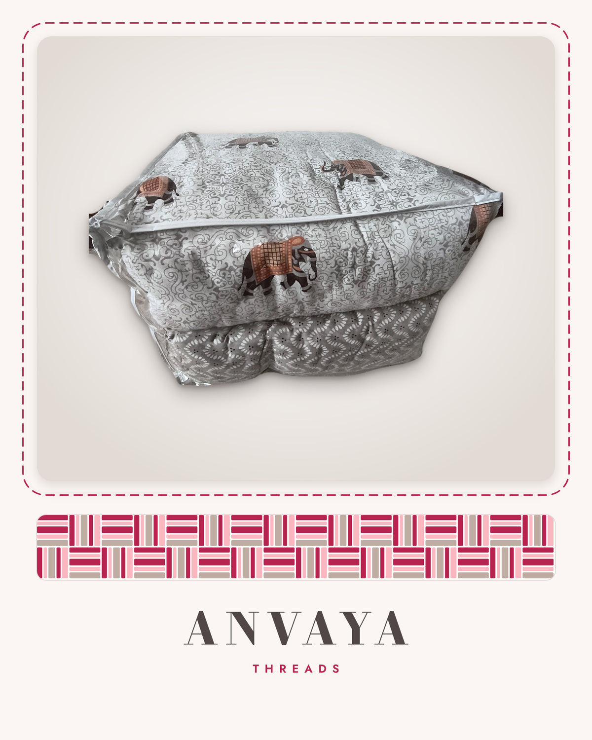 Elephant Jaal Grey comforter folded in its clear zip bag