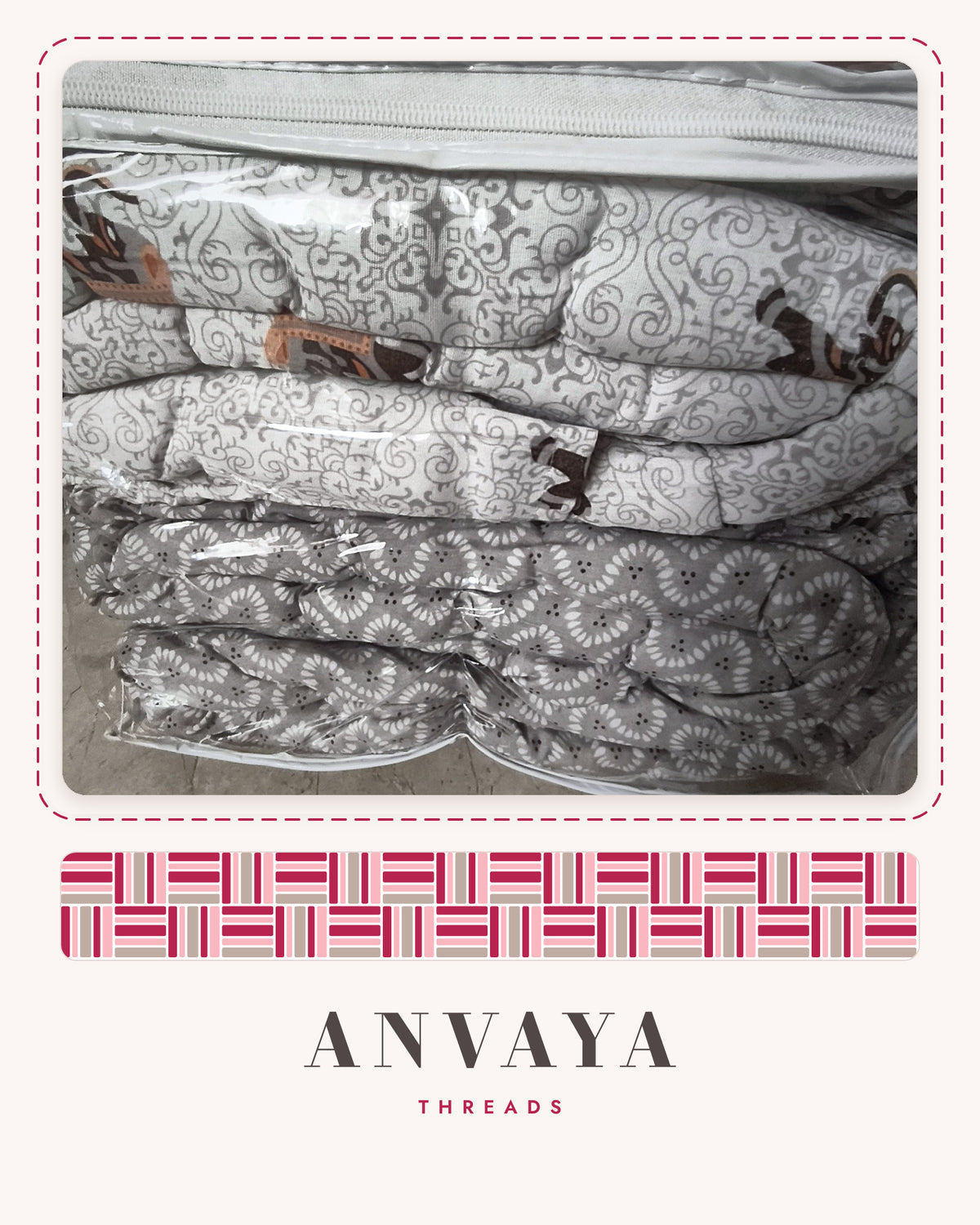 Elephant Jaal Grey comforter folded in its bag, with the grey reverse side showing