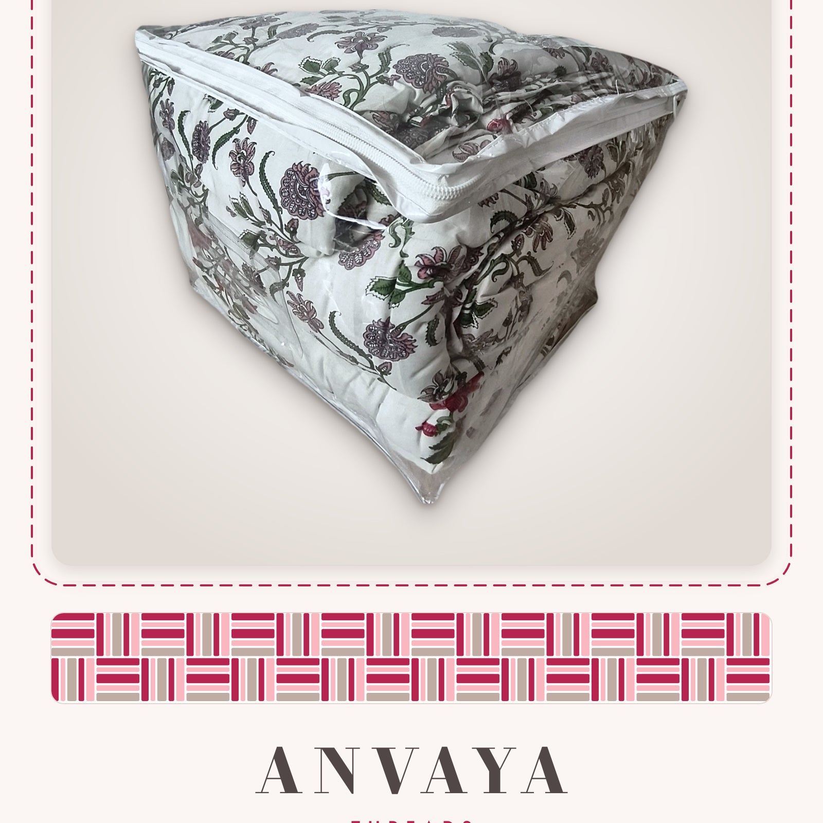 Lavender Floral Vine comforter folded in its clear zip bag