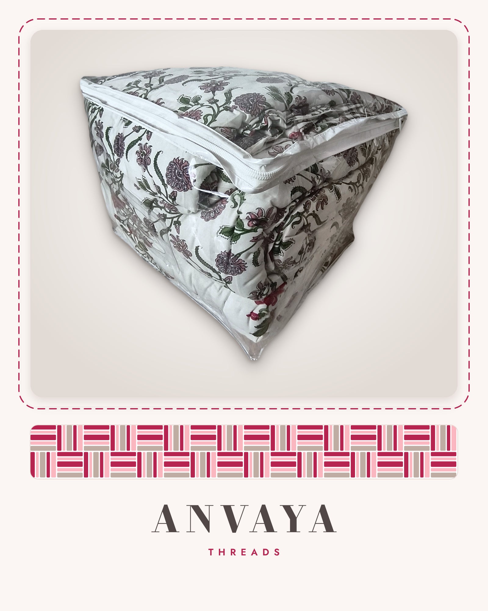 Lavender Floral Vine comforter folded in its clear zip bag