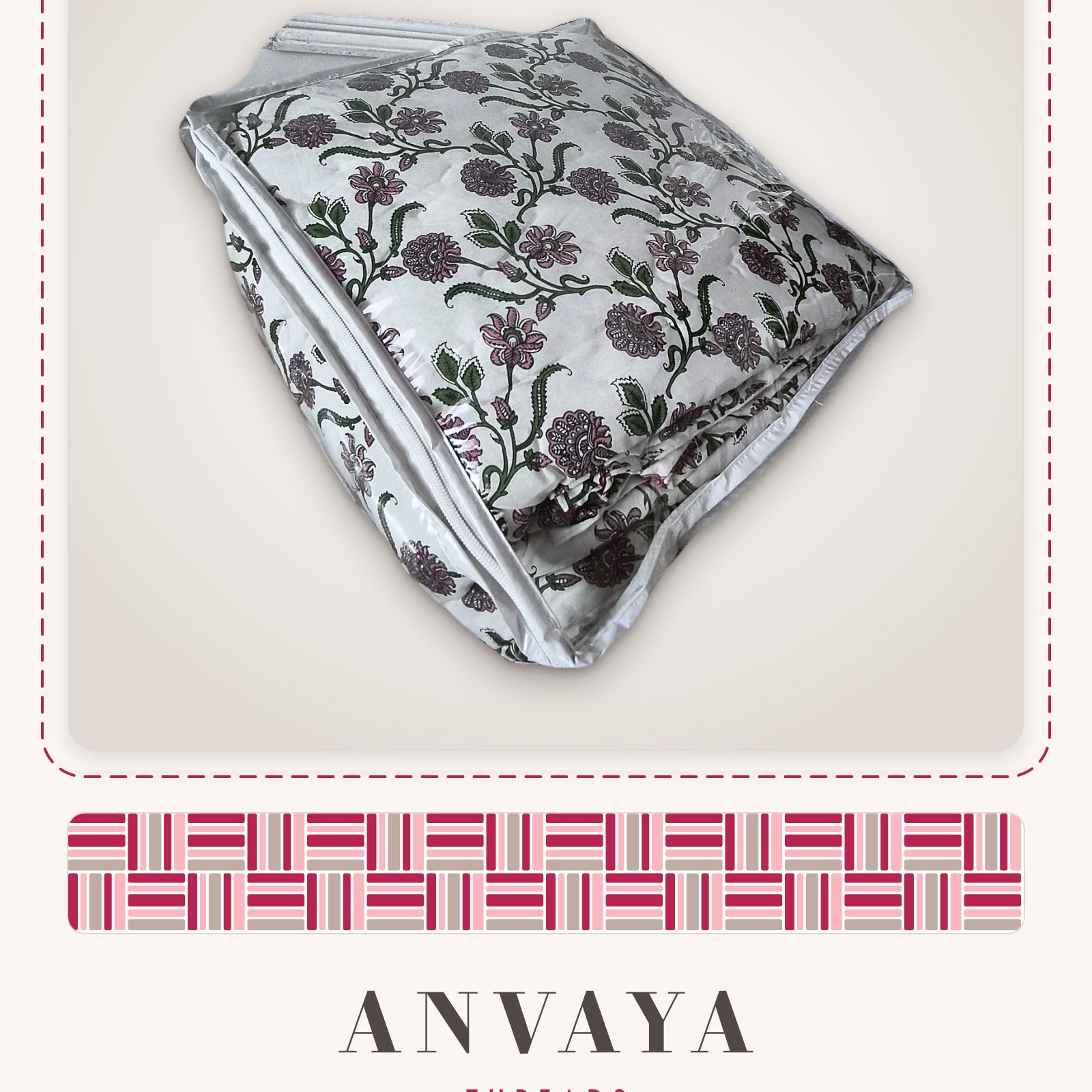 Lavender Floral Vine comforter in its bag, showing lavender flowers and vines on white