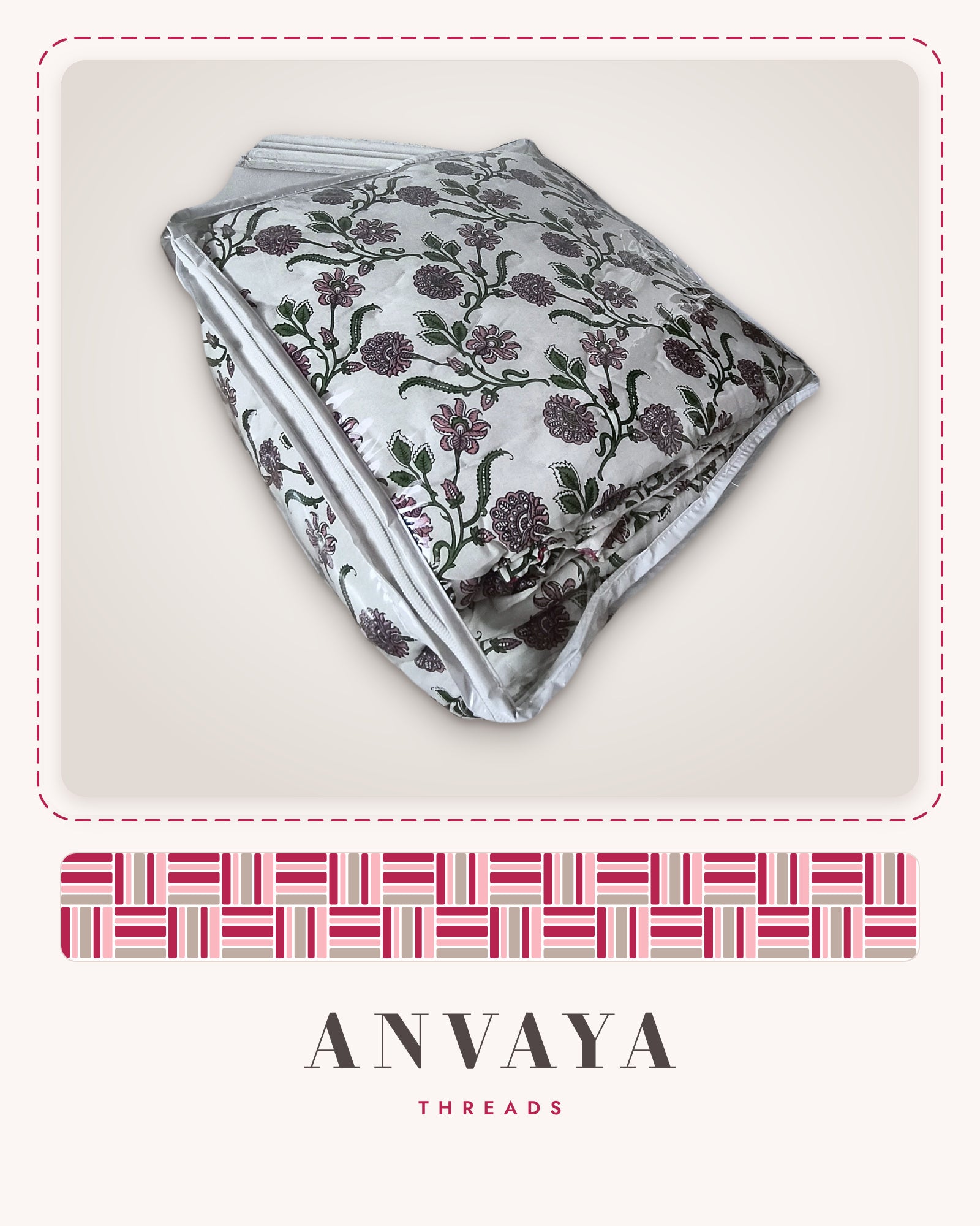 Lavender Floral Vine comforter in its bag, showing lavender flowers and vines on white