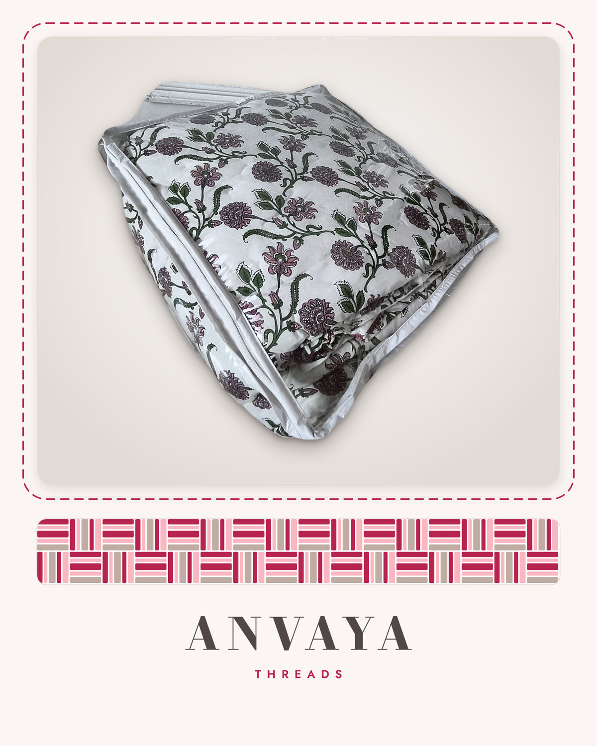 Lavender Floral Vine comforter in its bag, showing lavender flowers and vines on white
