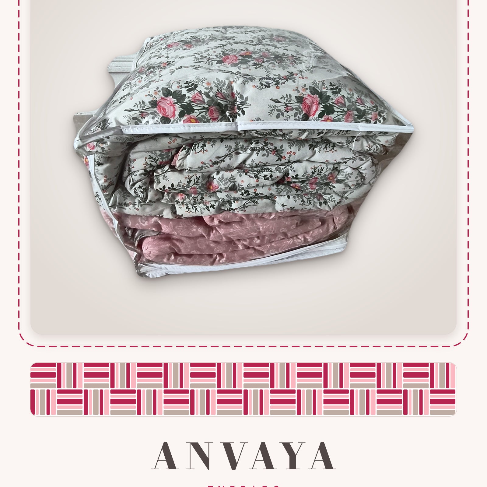 Rose Garden Floral comforter folded in its bag, showing the print and the pink reverse