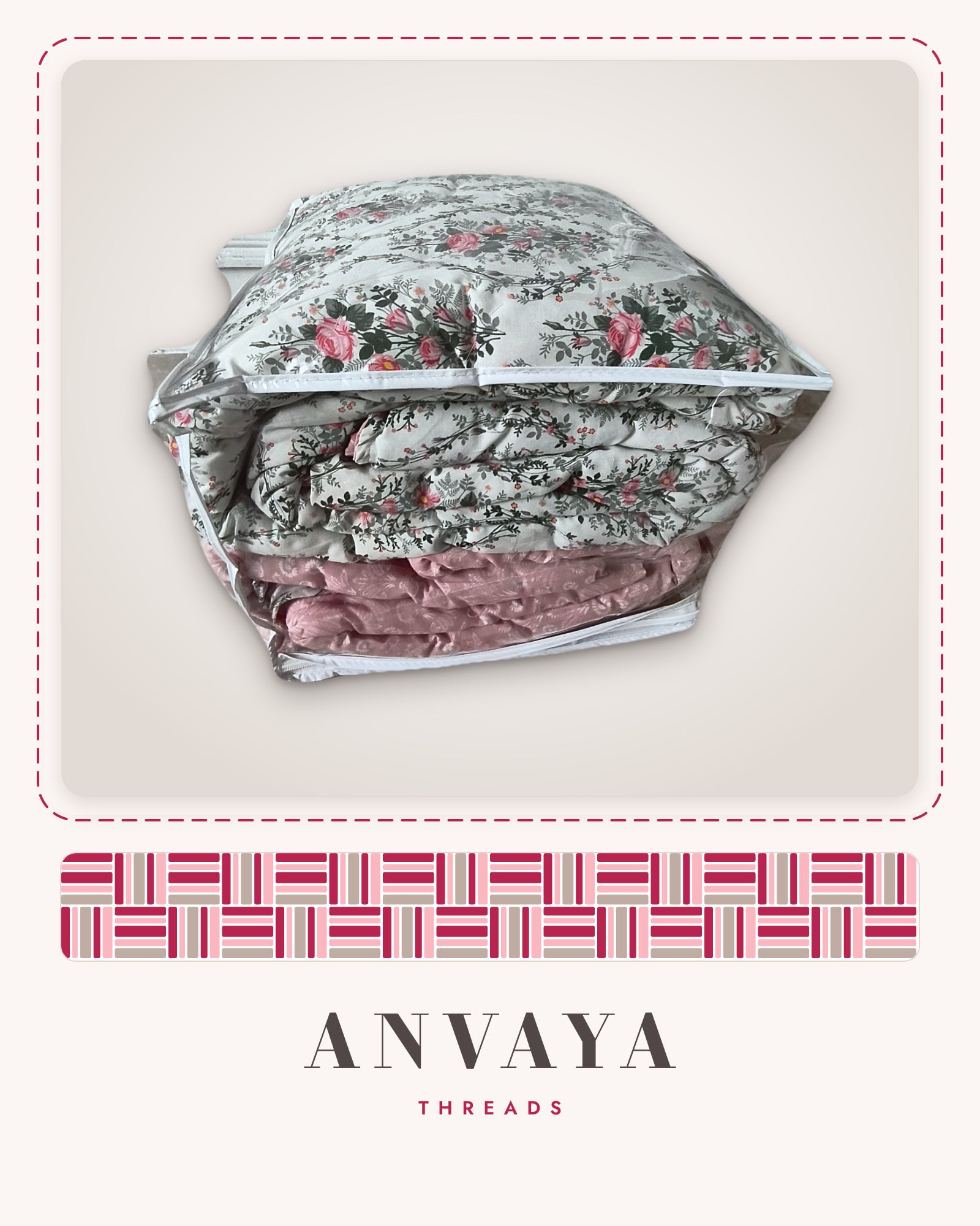 Rose Garden Floral comforter folded in its bag, showing the print and the pink reverse